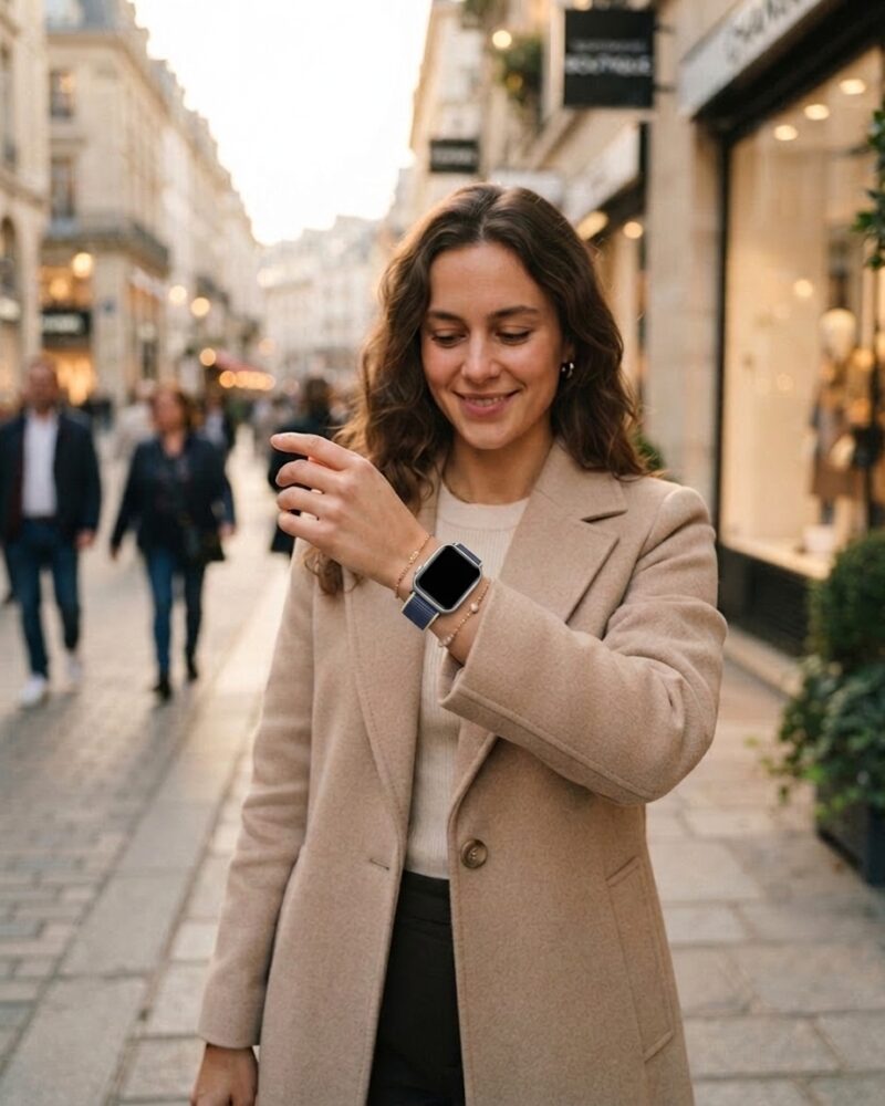 Woman wearing Alaskan Blue Sport Loop smartwatch on wrist in city street