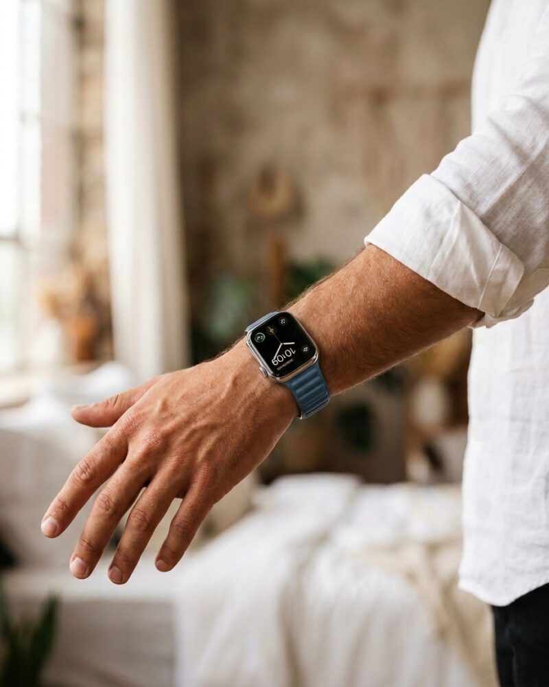 Man wearing smartwatch with blue leather link band on wrist