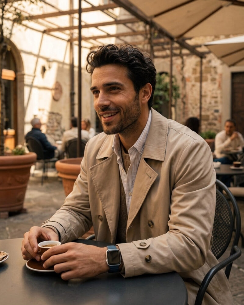 Man wearing Leather Link Baltic Blue smartwatch at outdoor cafe table