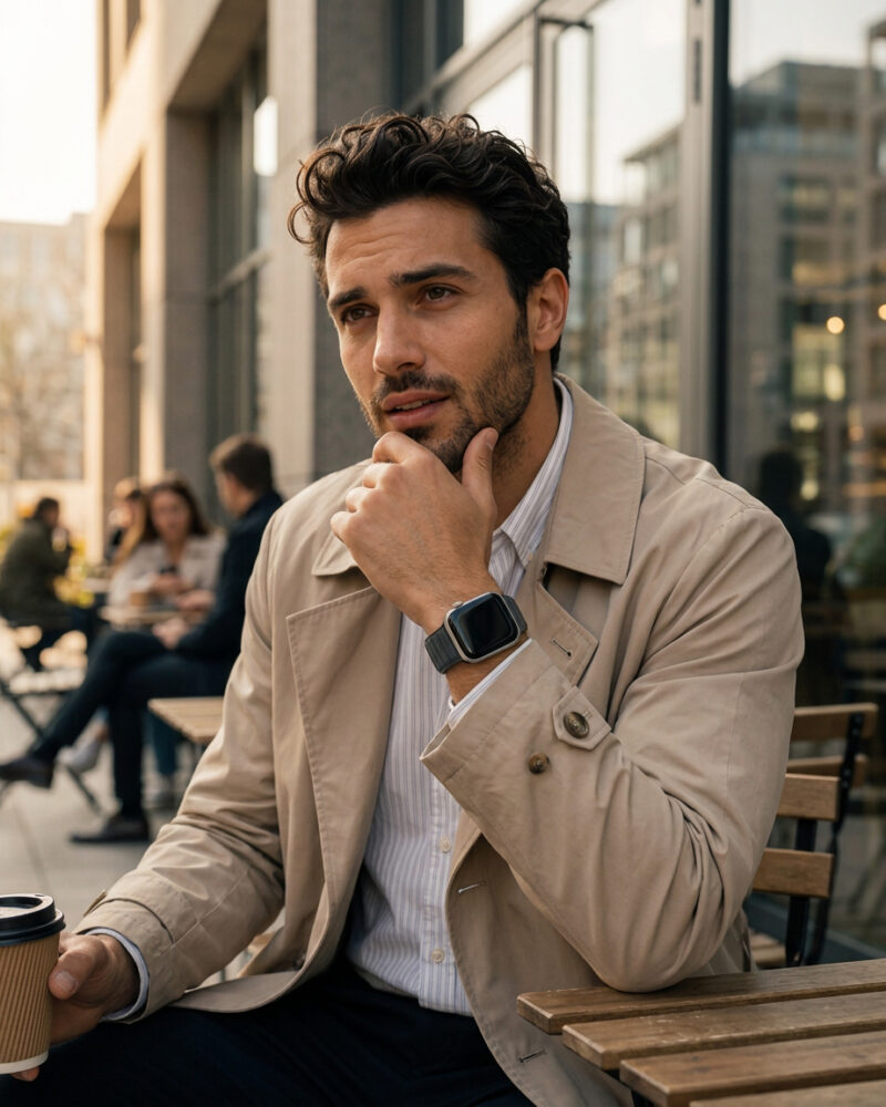 Man wearing black smartwatch with leather link band in urban setting
