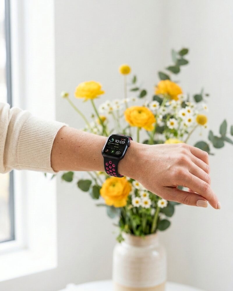 Woman wearing black pink sport band smartwatch with flowers background