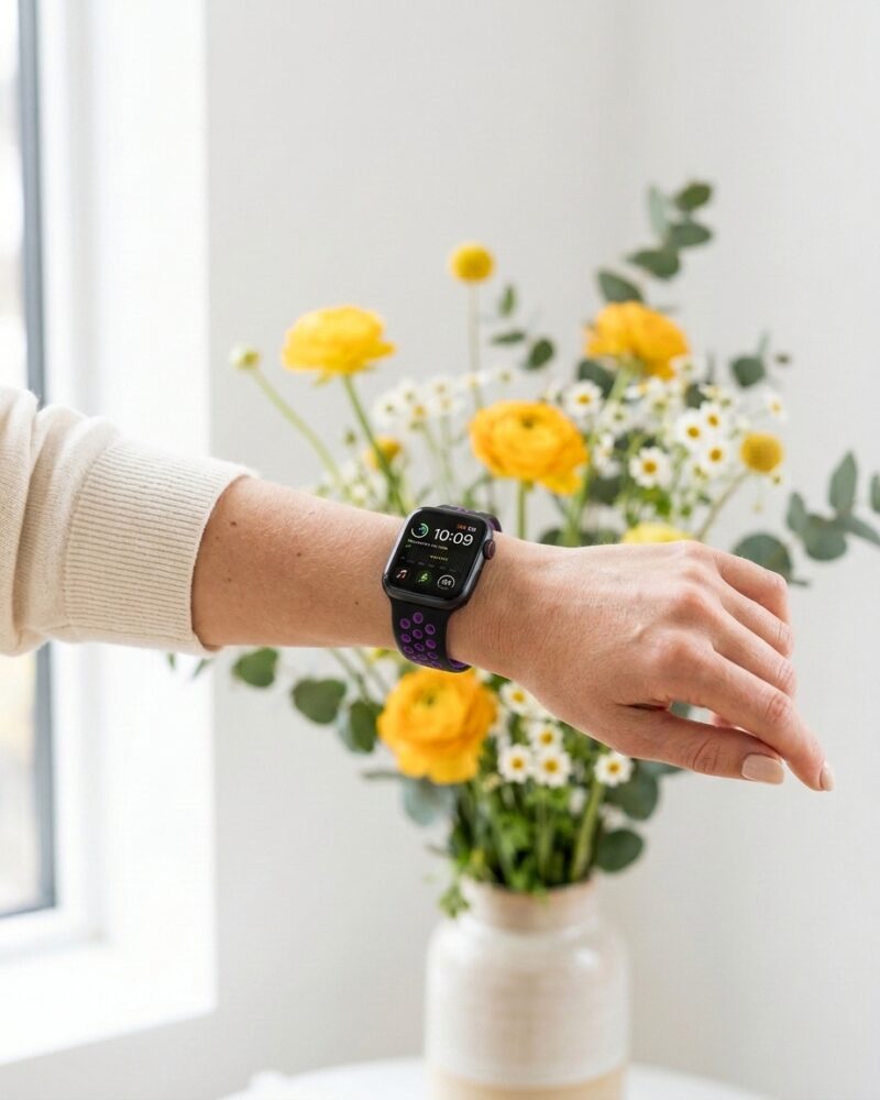 Woman wearing black purple sport band smartwatch displaying time