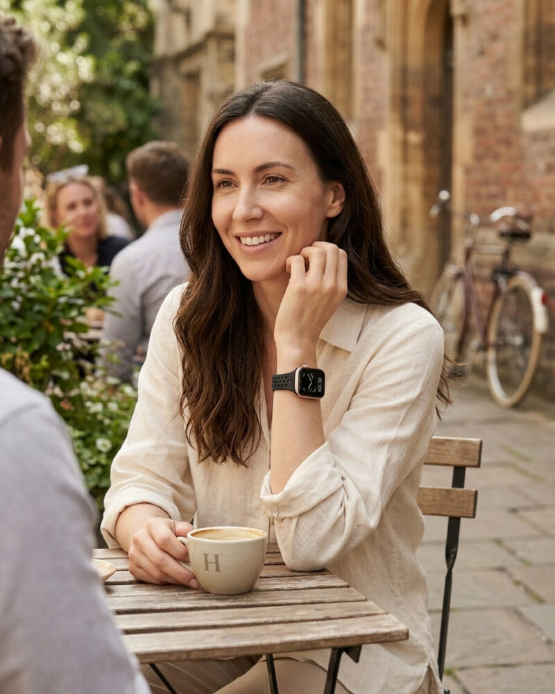 Woman wearing black slim silicone smartwatch while enjoying coffee outdoors
