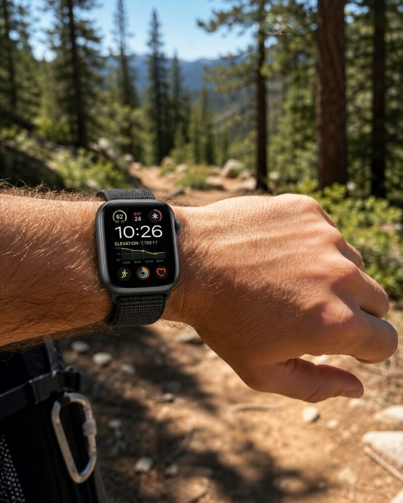 Apple Watch with black sport loop on wrist displaying elevation data