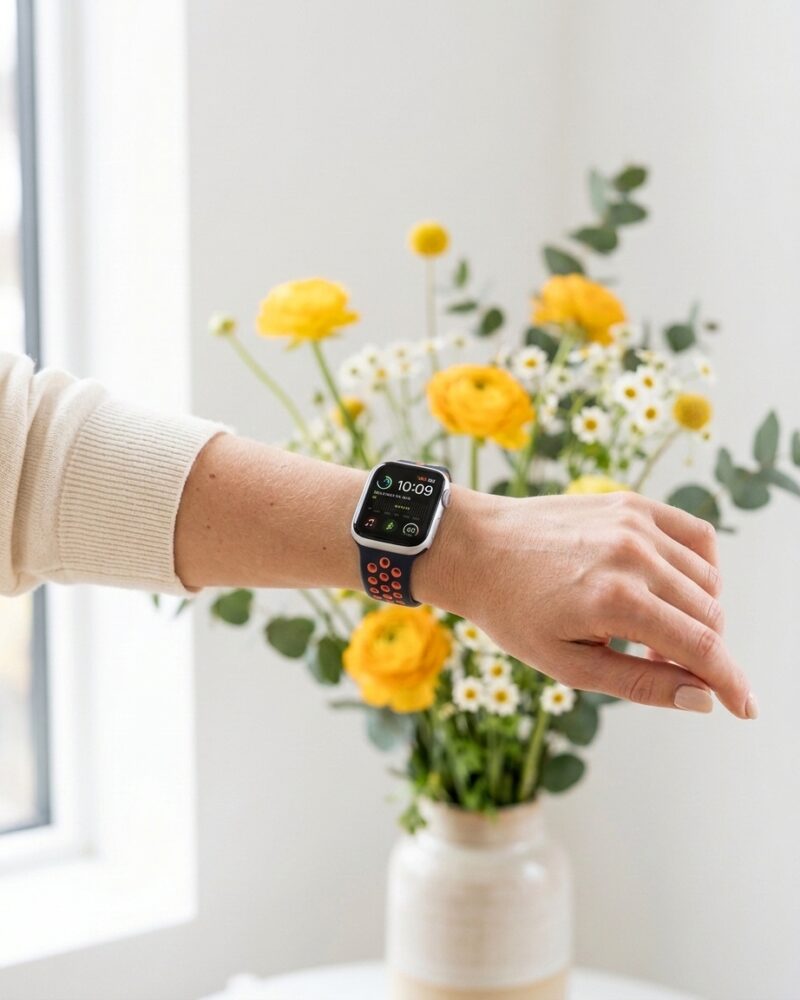 Woman wearing smartwatch with orange sport band near yellow flowers