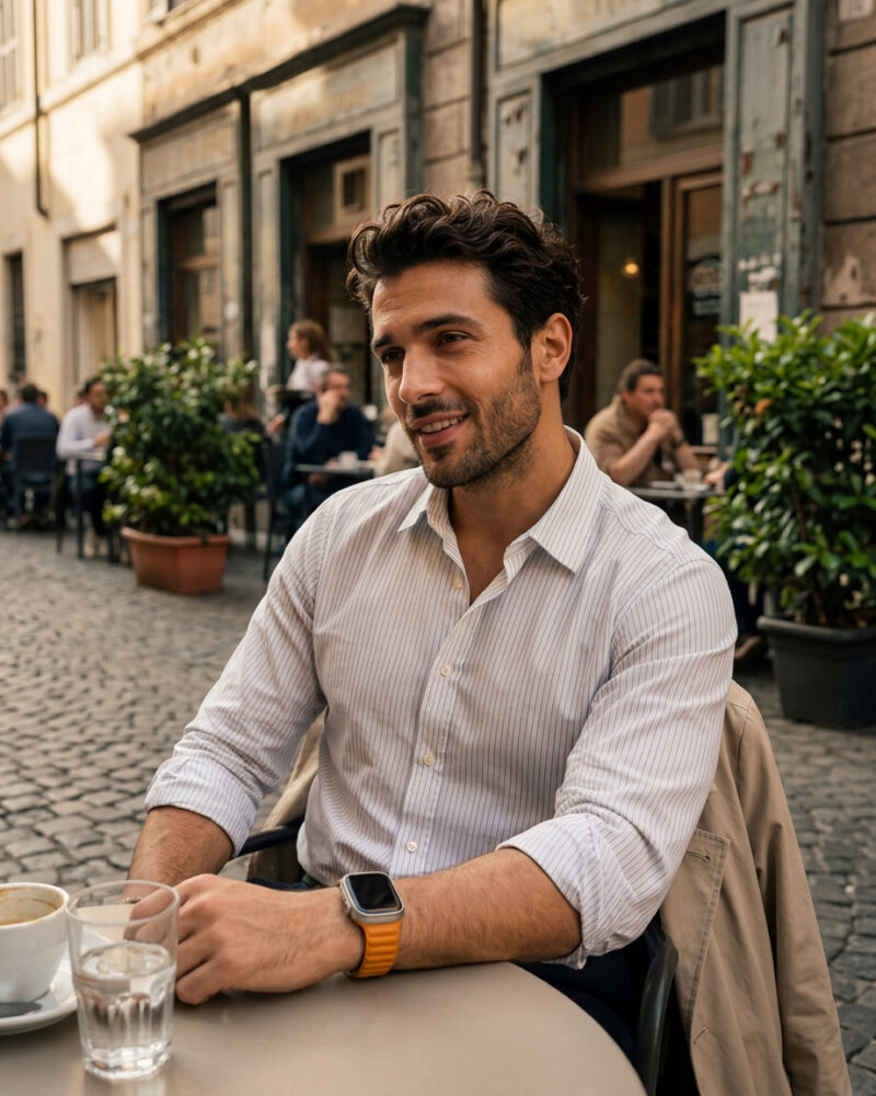 Man wearing orange Leather Link smartwatch band at outdoor cafe