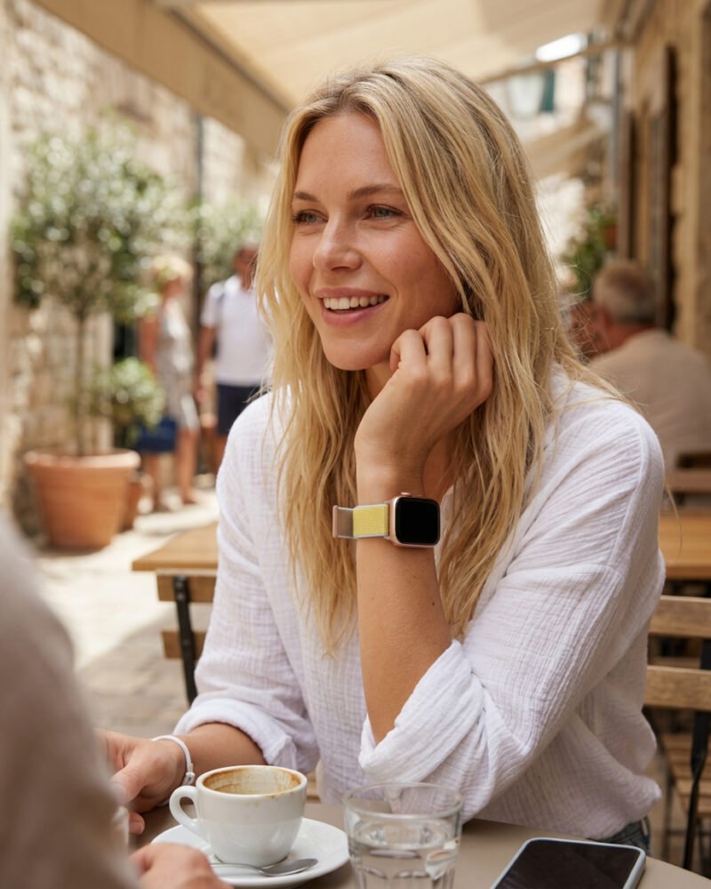 Woman wearing camel sport loop smartwatch band at outdoor café