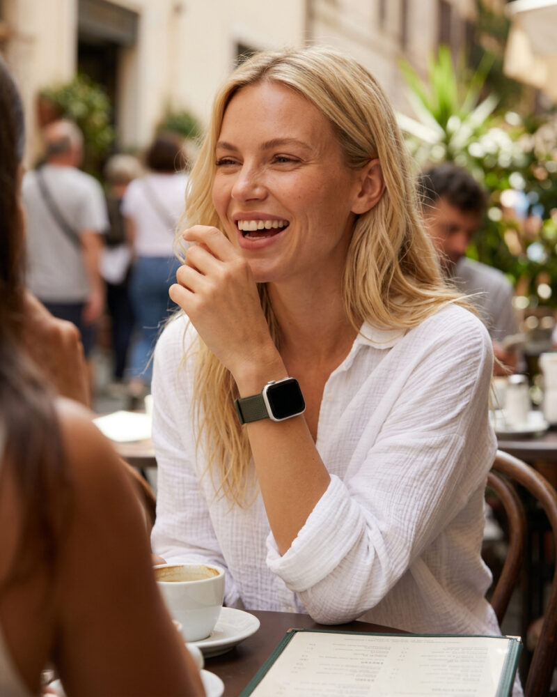 Woman wearing khaki sport loop smartwatch at outdoor café table