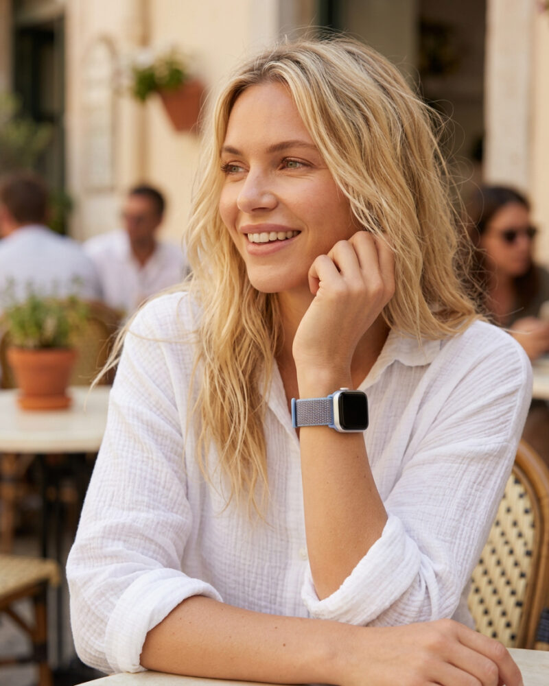 Woman wearing cerulean sport loop smartwatch band at outdoor café table