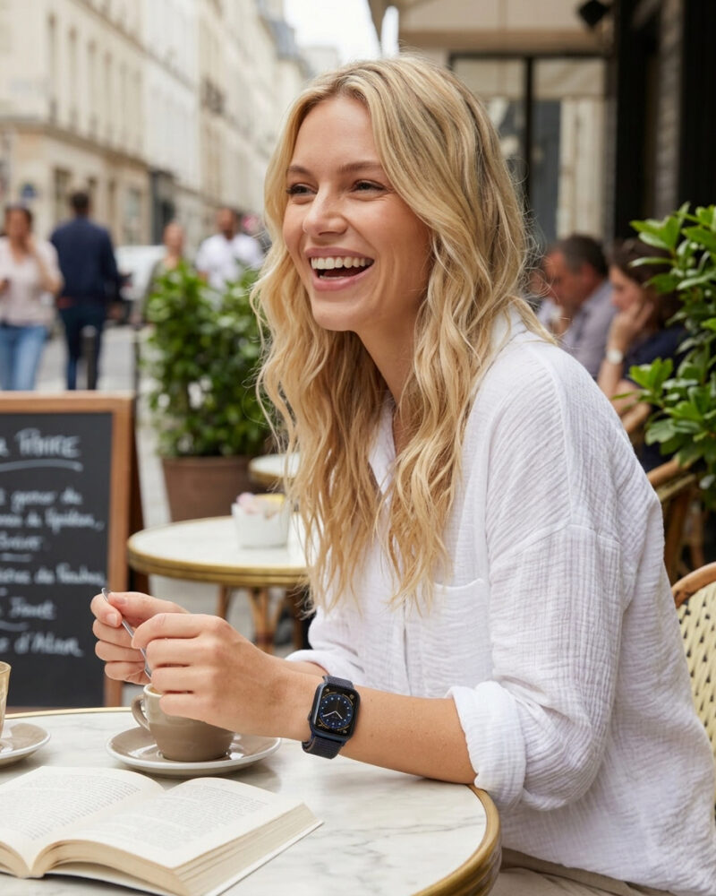 Woman wearing charcoal sport loop smartwatch at outdoor café table