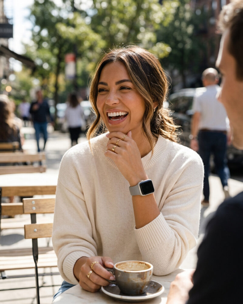 Woman wearing concrete sport band smartwatch outdoors at cafe table