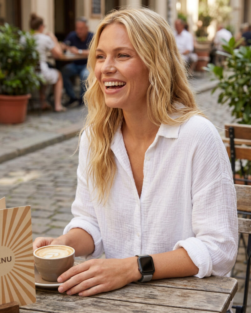 Woman wearing dark olive sport loop smartwatch at outdoor café table