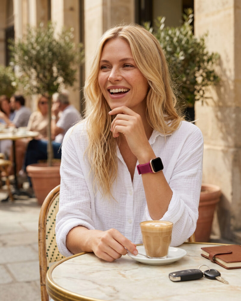 Woman wearing dragon fruit sport loop smartwatch band at outdoor café