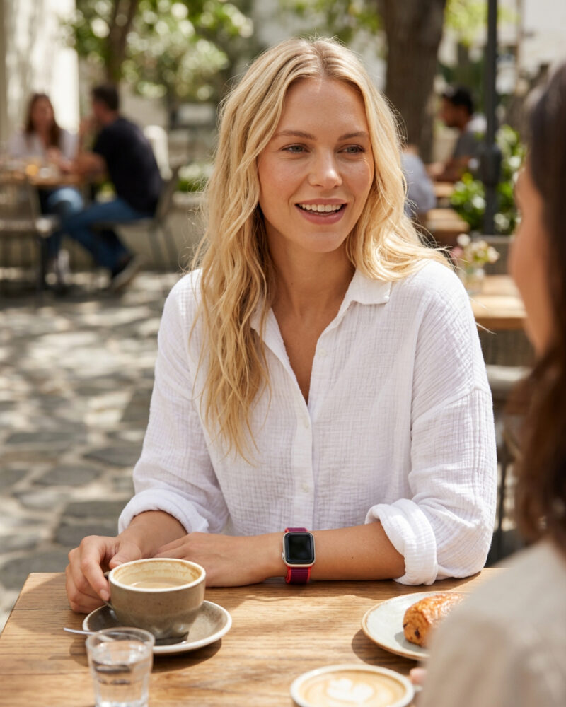 Woman wearing red Sport Loop smartwatch at outdoor cafe table