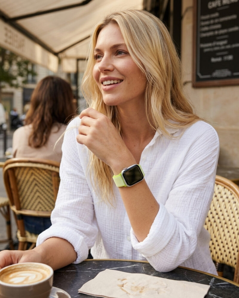 Woman wearing yellow sport loop smartwatch at outdoor cafe table
