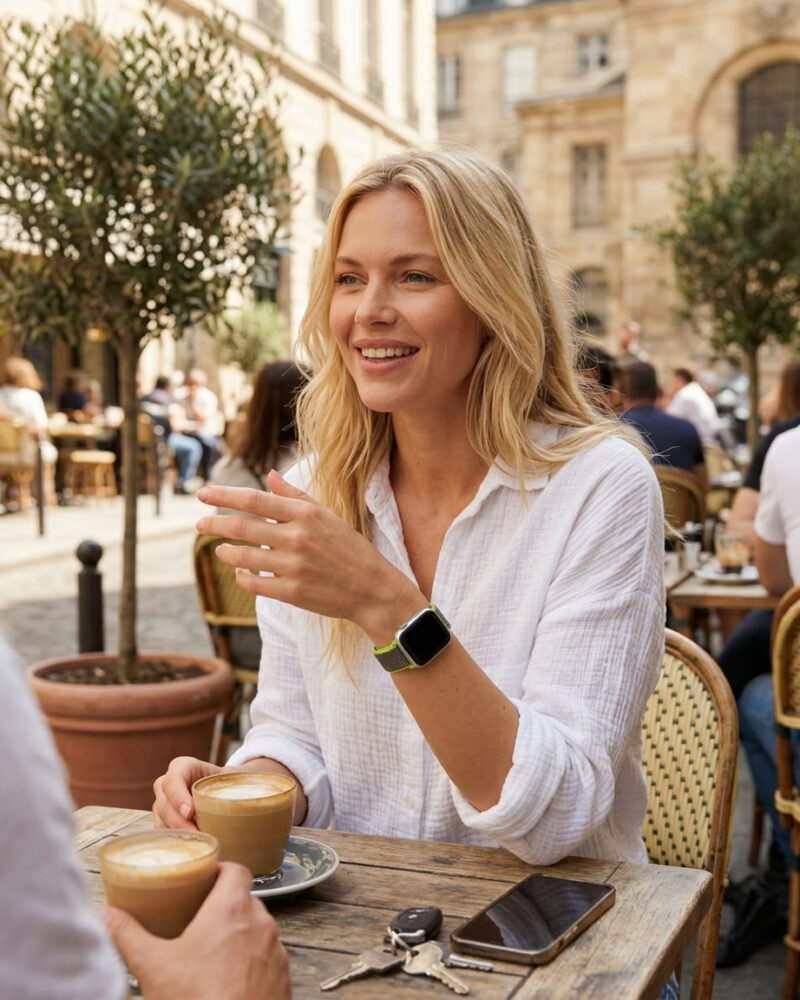 Woman wearing Sport Loop Flash smartwatch at outdoor café