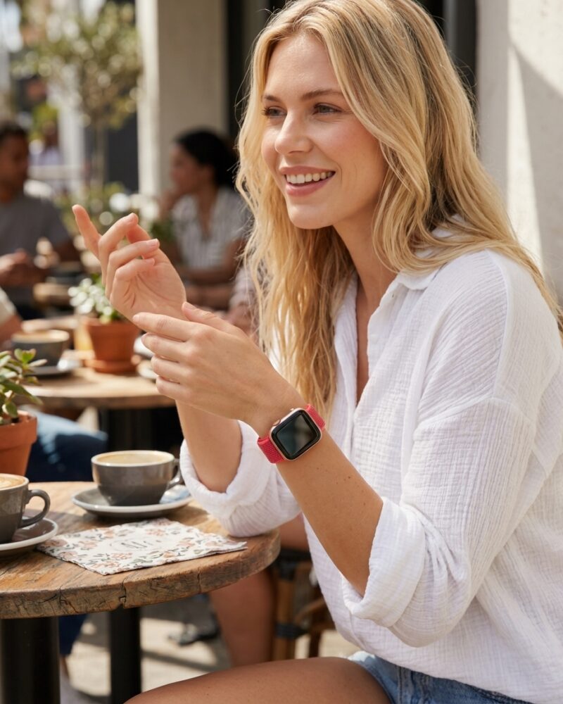 Woman wearing hibiscus sport loop smartwatch at outdoor cafe table
