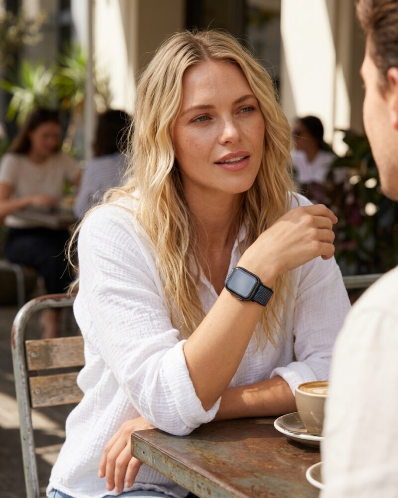 Woman wearing black sport loop smartwatch at outdoor cafe table