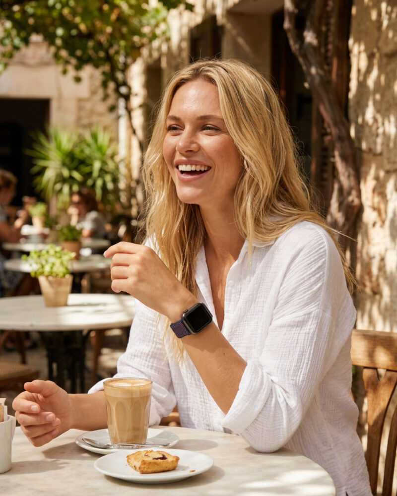 Woman wearing indigo sport loop smartwatch at outdoor cafe table