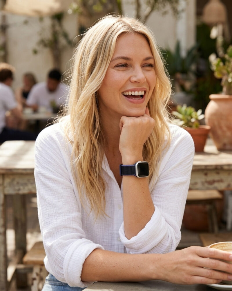 Woman wearing silver smartwatch with midnight blue sport loop band outdoors