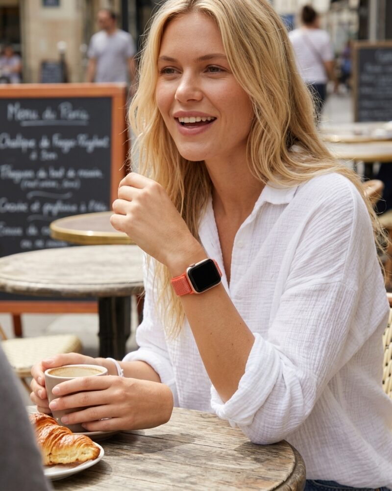 Woman wearing nectarine sport loop smartwatch band at outdoor café