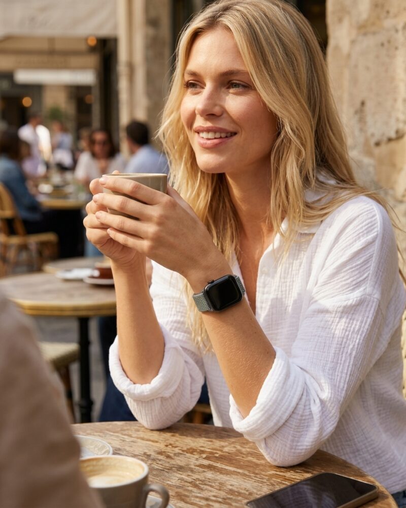 Woman wearing Obsidian Mist Sport Loop smartwatch at outdoor café table