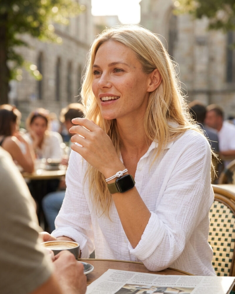 Woman wearing olive flak sport loop smartwatch at outdoor cafe table