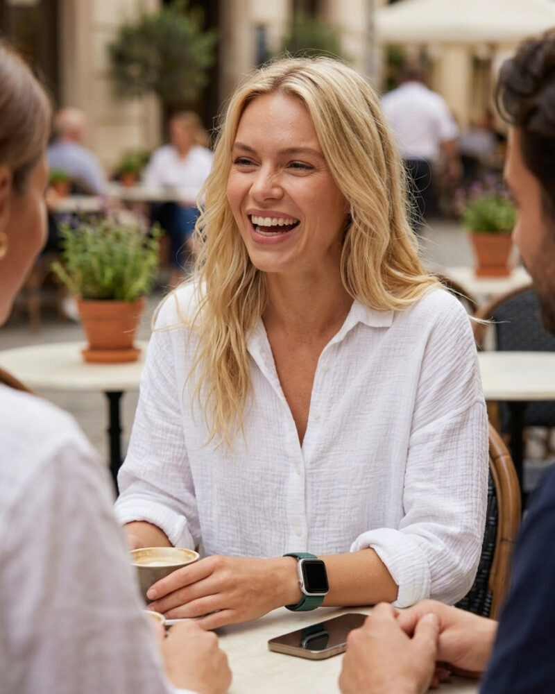 Woman wearing pine green sport loop smartwatch at outdoor café gathering
