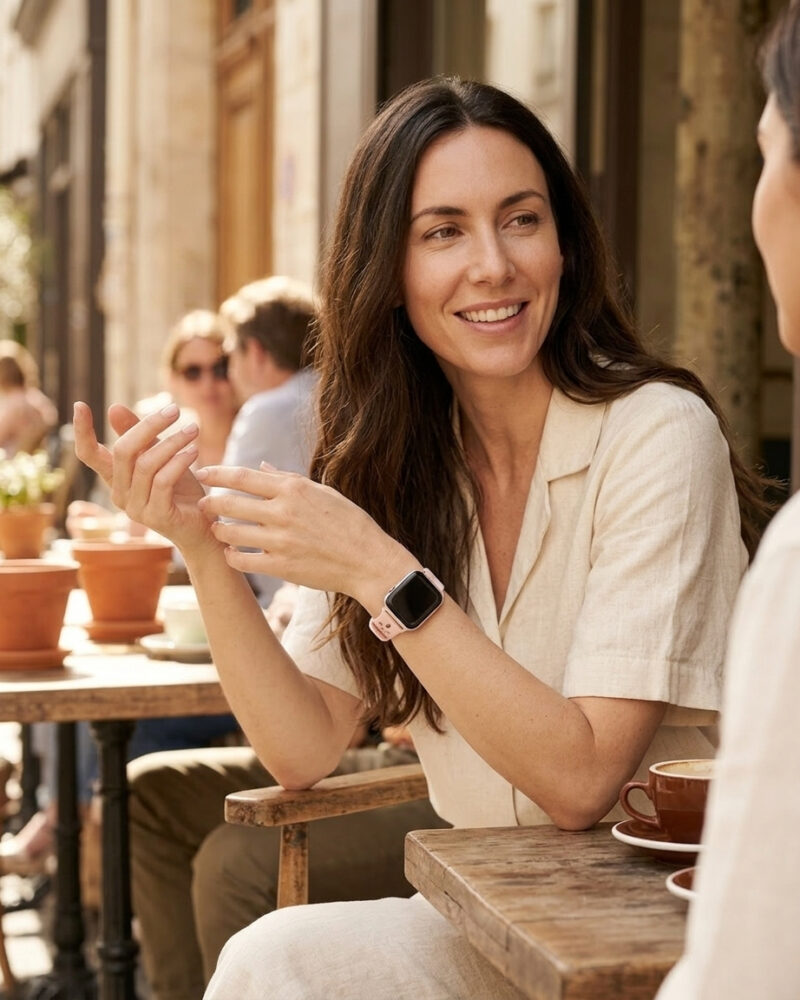 Woman wearing pink sand silicone smartwatch band at outdoor café