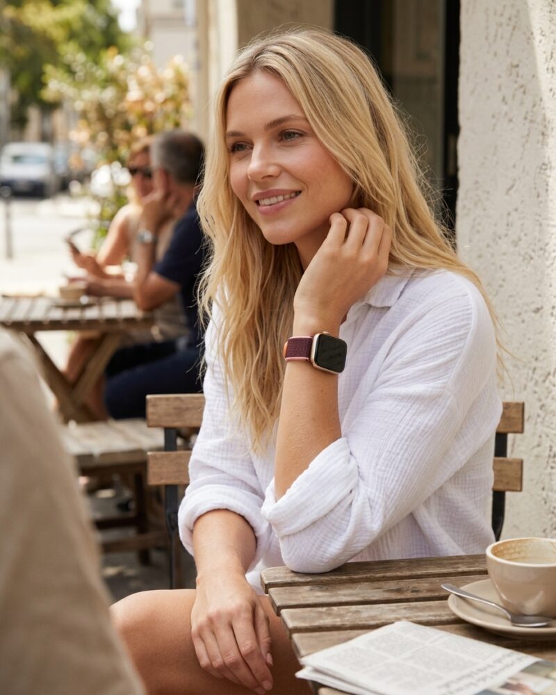 Woman wearing plum Sport Loop smartwatch band at outdoor café table