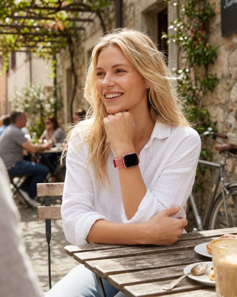 Woman wearing pomegranate sport loop smartwatch at outdoor café table