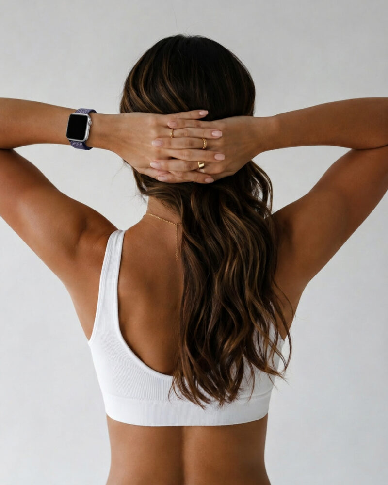Woman wearing purple pulse sport loop smartwatch band and gold rings