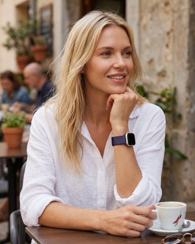 Woman wearing purple sport loop smartwatch band at outdoor café table