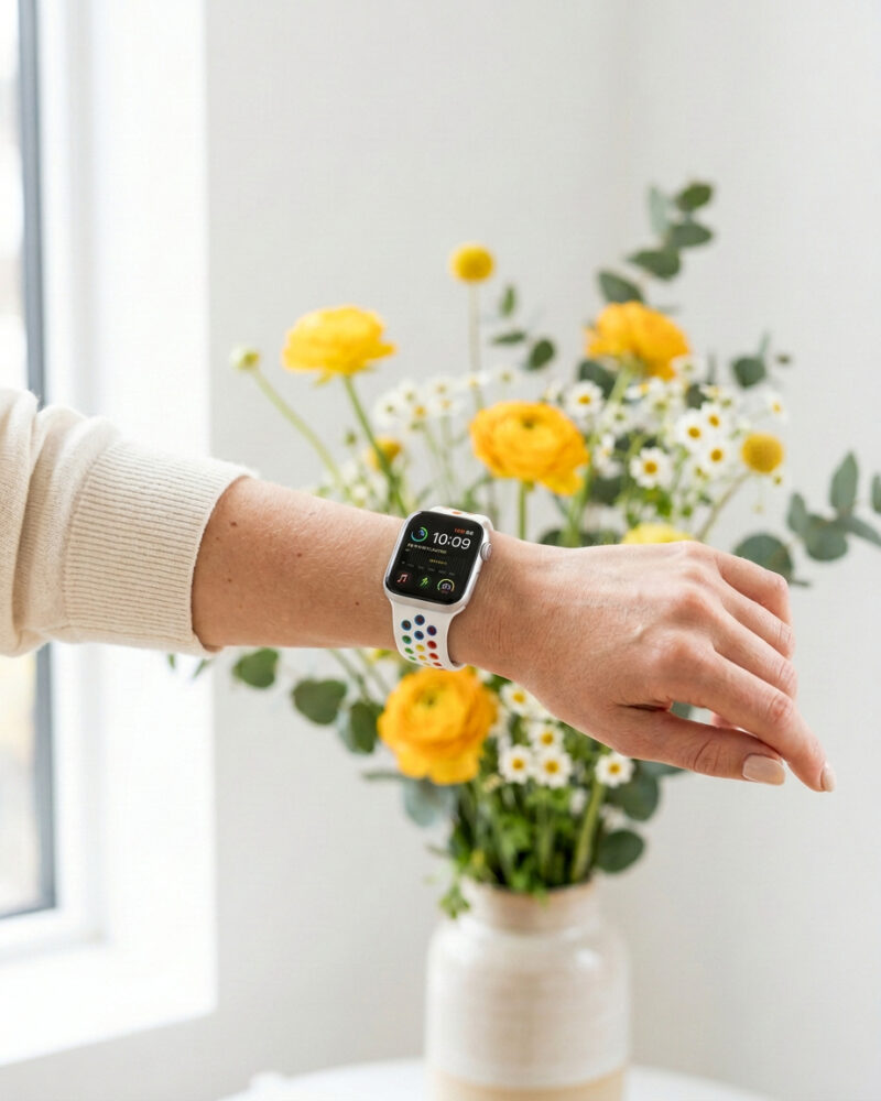 Woman wearing Apple Watch with rainbow pride sport band near flowers