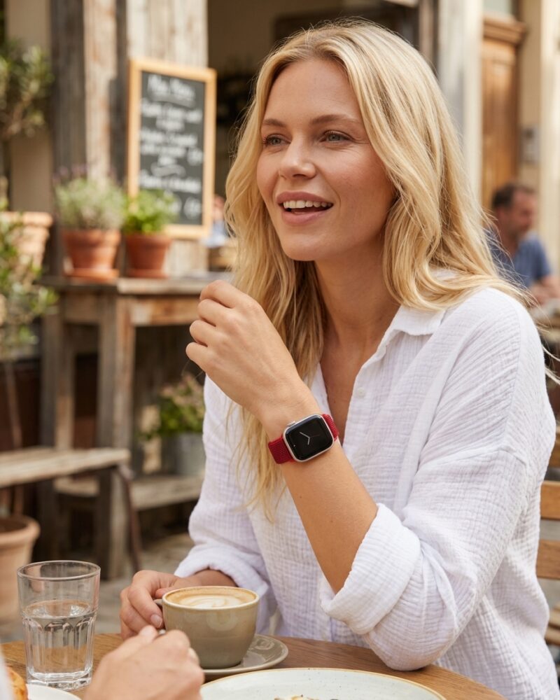 Woman wearing red sport loop smartwatch at outdoor café table