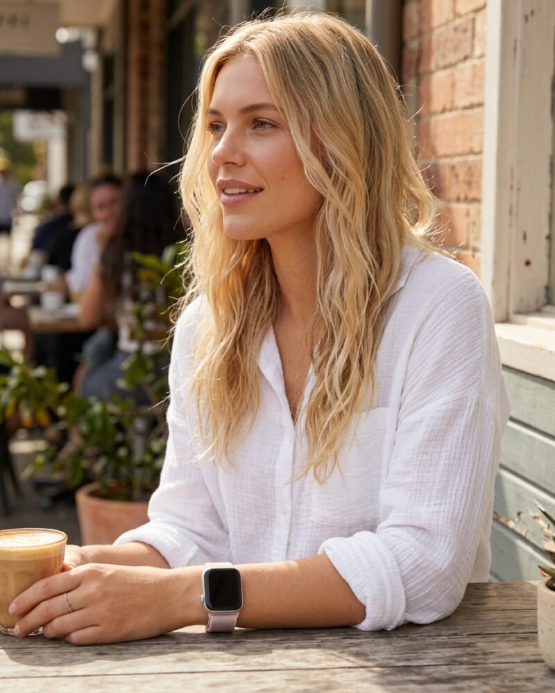 Woman wearing rose pink sport loop smartwatch while sitting at outdoor cafe