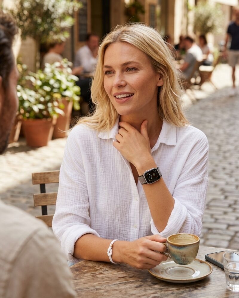 Woman wearing sport loop smartwatch at outdoor cafe table