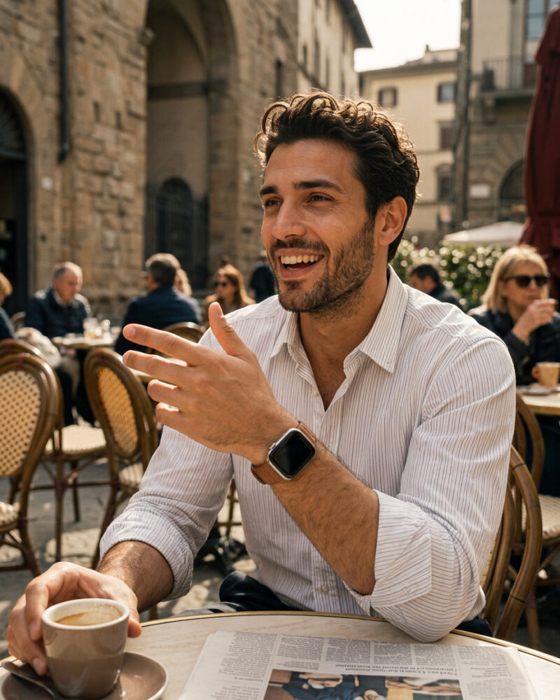 Man wearing Leather Link Saddle Brown smartwatch at outdoor café