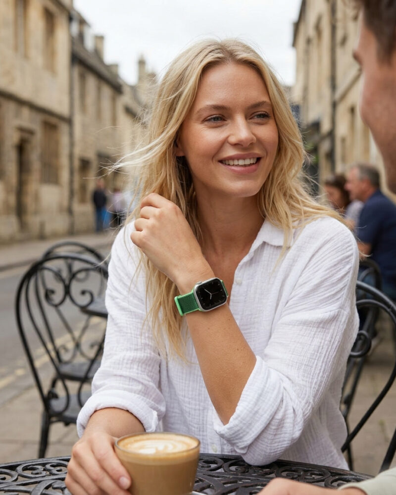 Woman wearing spearmint sport loop smartwatch while enjoying coffee outdoors