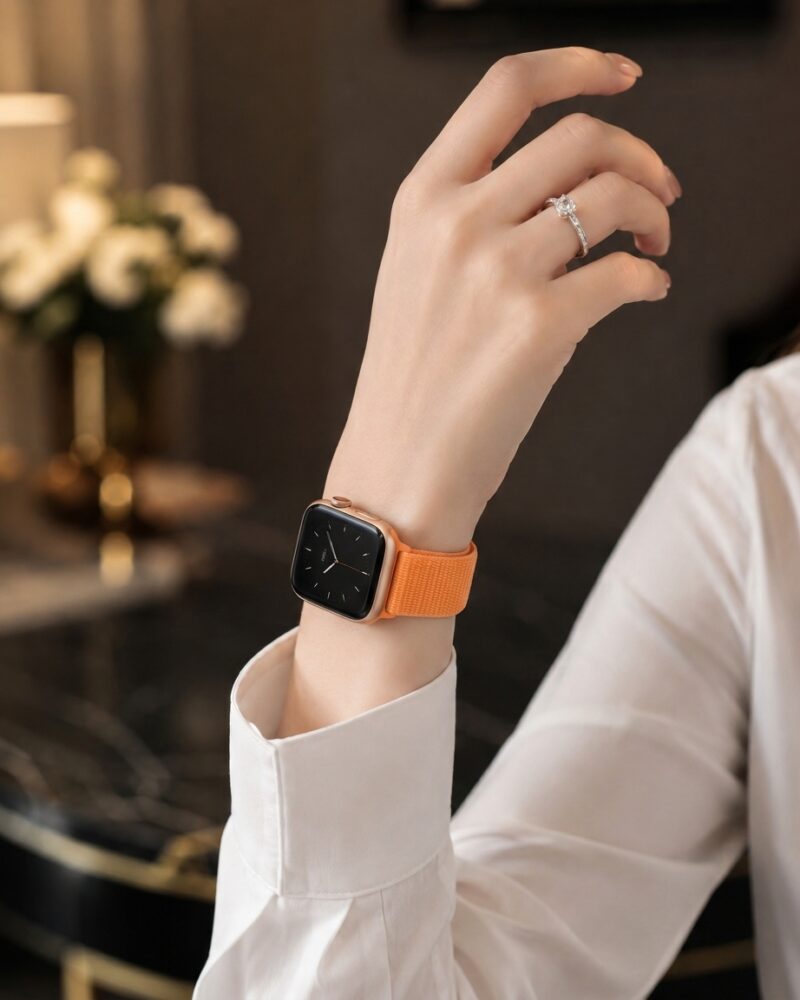 Woman wearing spicy orange sport loop smartwatch with elegant diamond ring