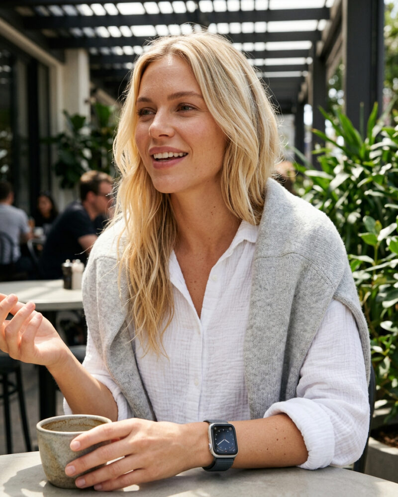 Woman wearing black sport loop smartwatch with storm grey band outdoors
