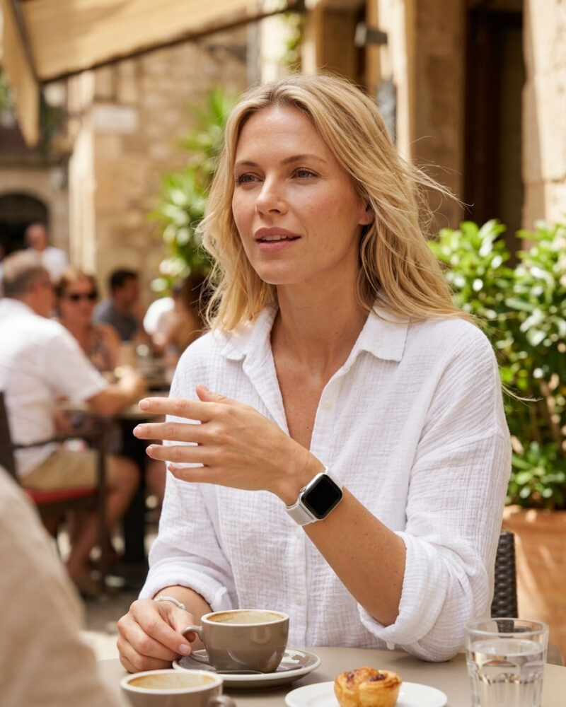 Woman wearing white shirt with sport loop smartwatch at outdoor cafe