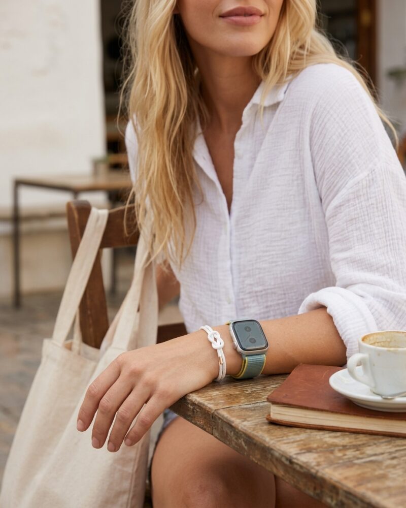 Woman wearing smartwatch with green sport loop band and white bracelet
