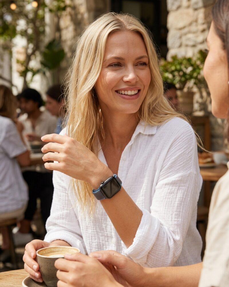 Woman wearing black sport loop smartwatch while enjoying coffee outdoors