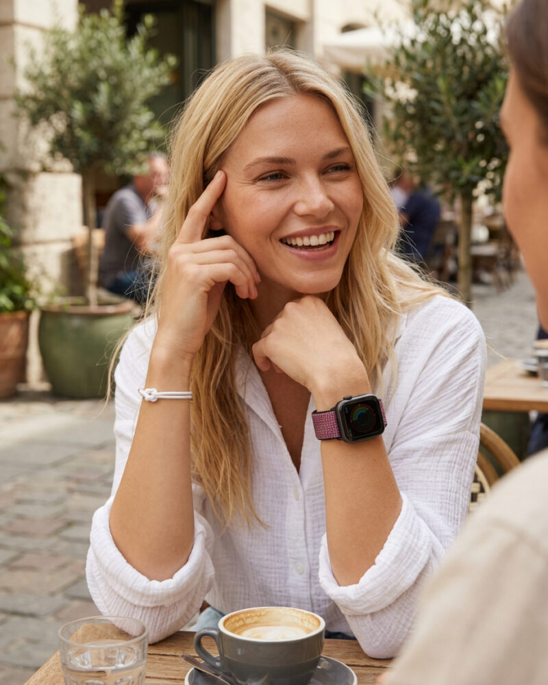 Woman wearing True Berry sport loop smartwatch at outdoor café table