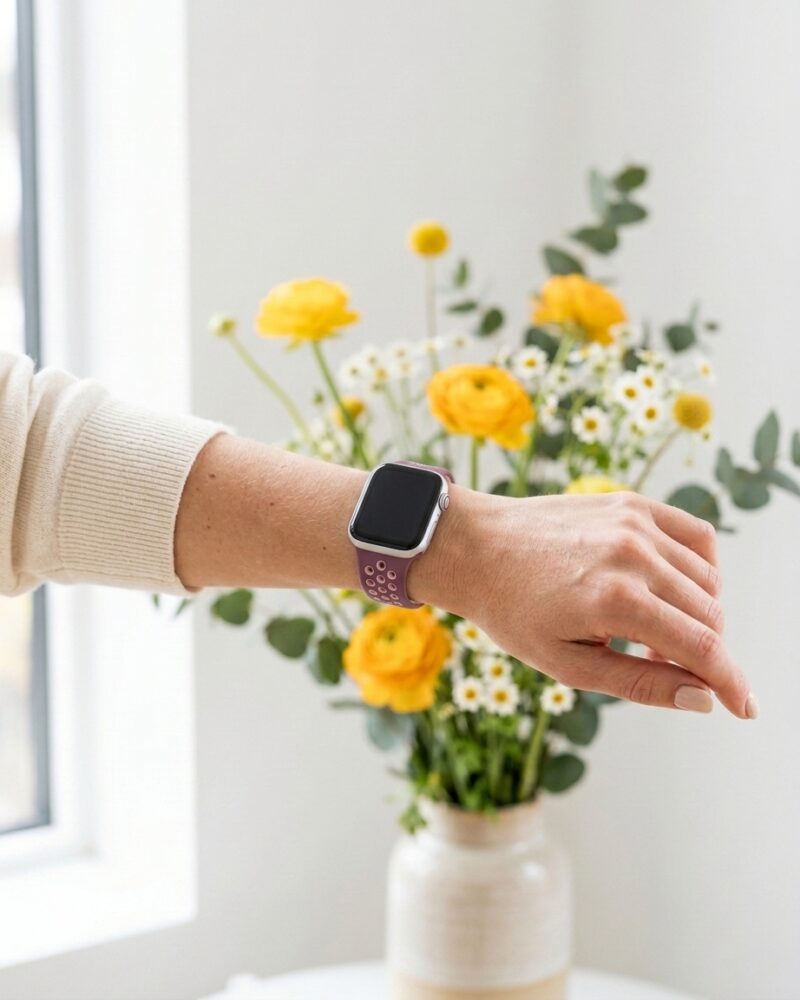 Woman wearing purple sport band smartwatch with flowers in background