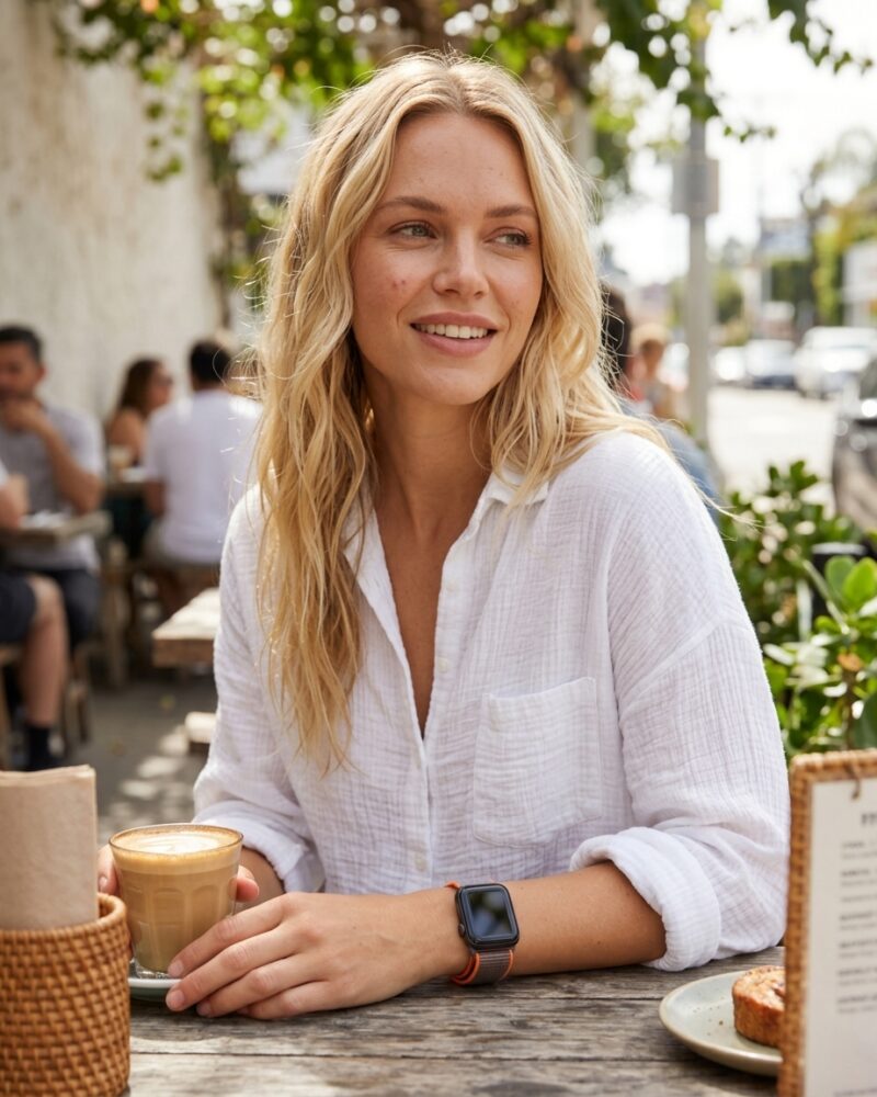 Woman wearing Vitamin C Sport Loop Apple Watch at outdoor café