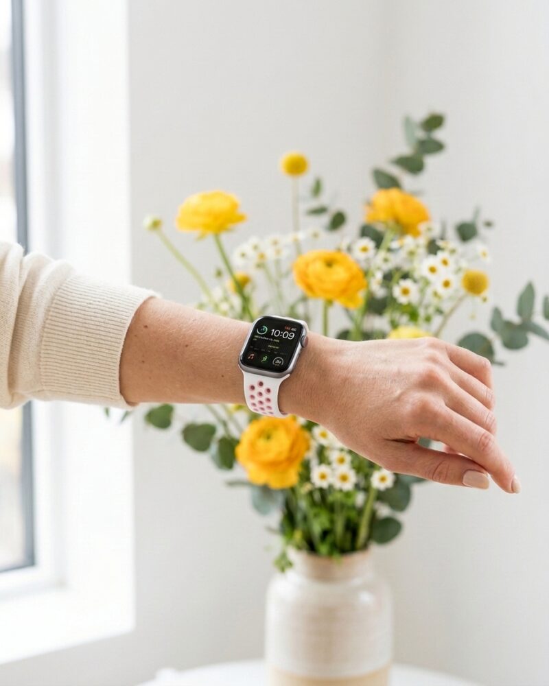 Woman wearing white pink sport band smartwatch displaying time on wrist