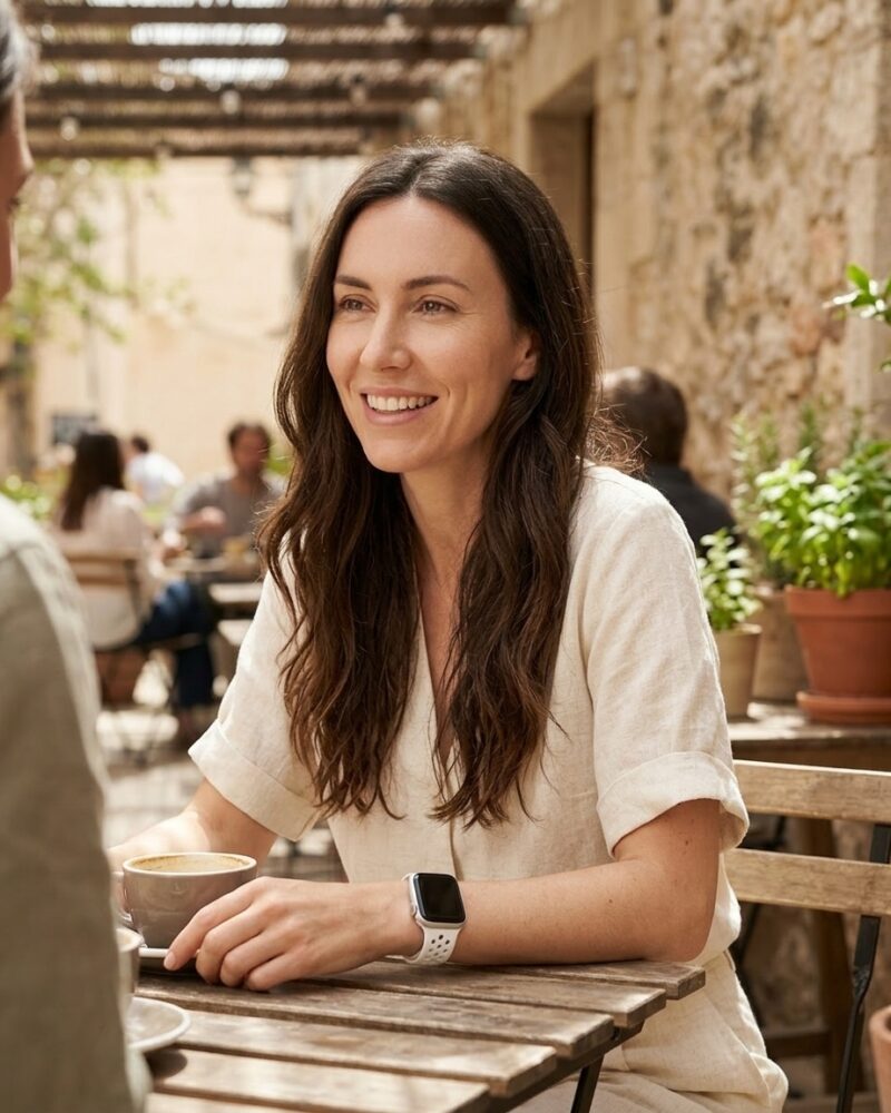 Woman wearing white silicone smartwatch band at outdoor cafe table