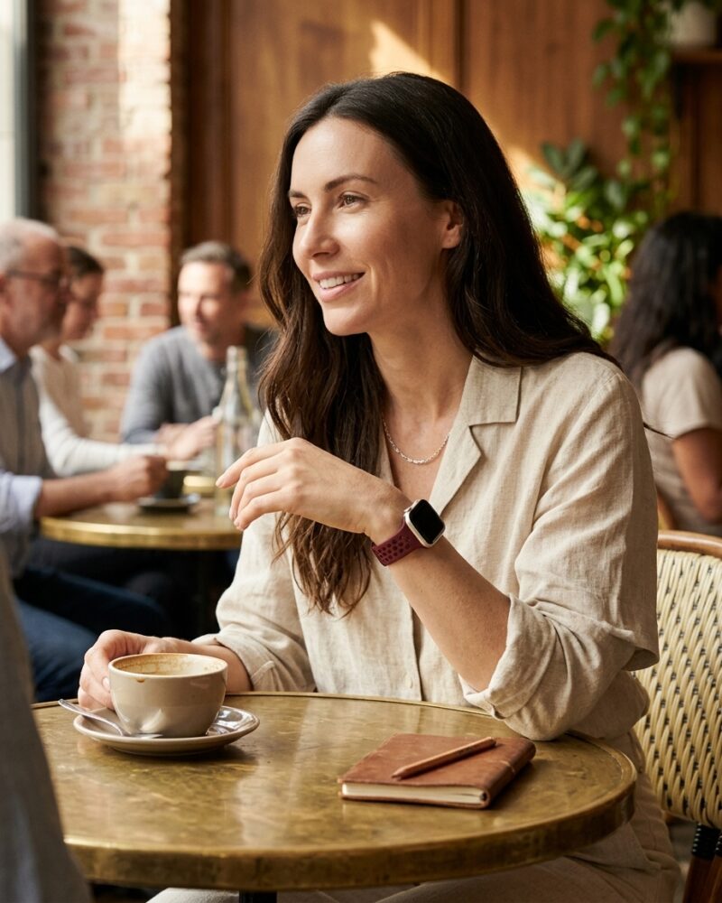 Woman wearing wine red slim silicone smartwatch band at café table